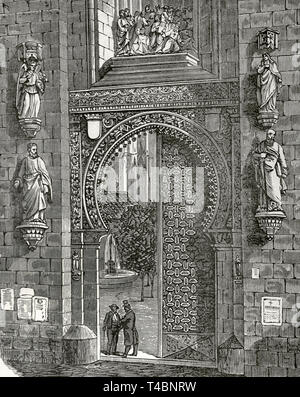 Spagna. Andalusia. Siviglia. Cattedrale. Puerta del jordon (Porta del Perdono), del XII secolo. Disegno da Letre. Incisione di Sierra. Episodio della cronica General de España, Historia Ilustrada y Descriptiva de sus Provincias. Andalucia, 1867. Foto Stock