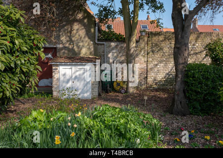 Gravelines, Dipartimento Nord, Francia, 26 marzo 2019, vista generale, piccolo giardino murato, colori primaverili, giardinieri, angolo © Peter Spurrier, Foto Stock