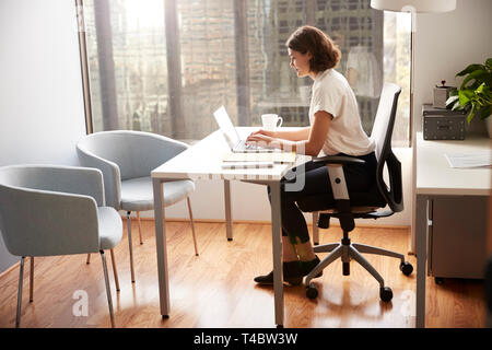 Imprenditrice seduto alla scrivania che lavora sul computer portatile in ufficio moderno Foto Stock