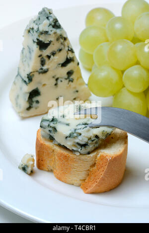Il Roquefort auf Brot und Messe, Blauschimmelkaese, Weintrauben, Baguette Foto Stock