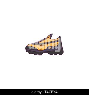 Moderno immaginario sneakers modello vista laterale. Lo stile lineare illustrazione vettoriale. Scarpe banner. Sneaker sport style illustrazione. Linee e punti. Un giallo Illustrazione Vettoriale