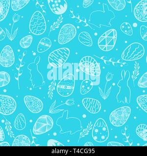 Illustrazione Vettoriale. Modello senza giunture. Uova di Pasqua. Foglie e ramo di salice. Coniglietto di pasqua. Scheda Sfondo blu Illustrazione Vettoriale