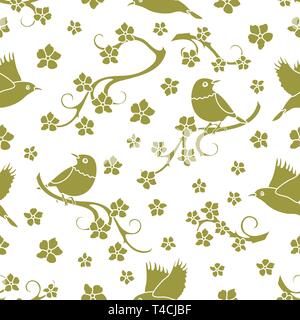 Modello senza cuciture con rami sakura, uccelli. In Giappone la natura. Rami di fiori di ciliegio. Design per scheda, annuncio, pubblicità, banner o stampare Illustrazione Vettoriale