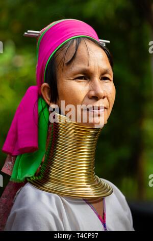 Lunga donna a collo alto con collo in ottone anelli, ritratto, donna della tribù Padaung, montanari, tribù di montagna, provincia di Chiang Rai, la Thailandia del Nord Foto Stock