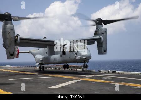 Golfo di Aden (23 marzo 2019) - Una MV-22 Osprey con il ventiduesimo Marine Expeditionary Unit atterra sul ponte di volo di wasp-classe assalto anfibio nave USS Kearsarge (LHD-3) durante una tattica di recupero di aeromobili e di missione del personale prove. Il corso di formazione prepara Marines per inserire aree combattivo e recuperare o distruggere i materiali sensibili nonché recuperare personale. Marines e marinai con il ventiduesimo MEU e anfibio Kearsarge pronto Gruppo sono attualmente dispiegati per gli Stati Uniti Quinta Flotta area di operazioni a sostegno di operazioni navali per garantire stabilità marittimo e la sicurezza nel Cen Foto Stock