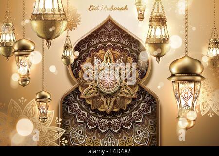 Eid Mubarak design con lanterne pendenti e arabesque patterns in cupola a cipolla su golden glitter sfondo Illustrazione Vettoriale