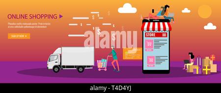 Shopping online o online store concept Landing page di un modello o di banner con piccoli uomini e grandi smartphone. Appartamento illustrazione vettoriale. Illustrazione Vettoriale