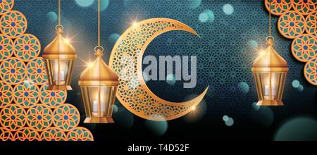Eid mubarak design banner con arabeschi di decorazioni, lanterne pendenti e crescent Illustrazione Vettoriale