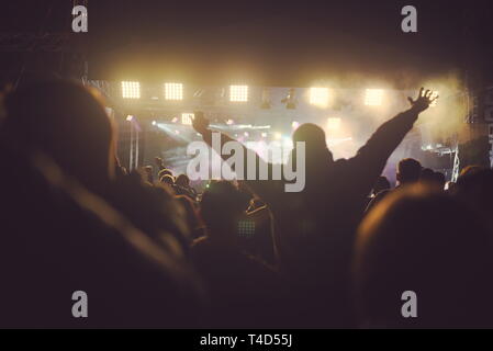 Persone con retroilluminazione al concerto e forte faretti Foto Stock