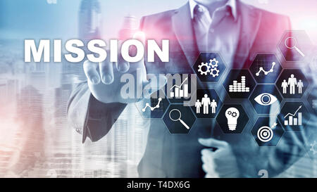 Missione il concetto di business. Finanziaria successo concetto grafico su schermo virtuale. Abstract background aziendale. Foto Stock