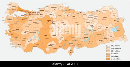 Popolazione vettore mappa delle province turche Illustrazione Vettoriale