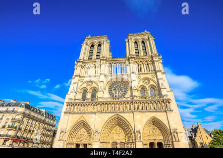 Tipica strada di ferro con lampada e la Cattedrale di Notre Dame de Paris in background, famoso punto di riferimento e la cattedrale della capitale della Francia. Francese gotica Foto Stock