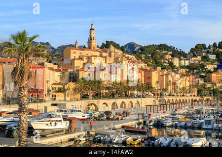 Francia, Alpes Maritimes, Menton, il porto e la città vecchia è dominata dal Saint Michel Archange basilica // Francia, Alpes-Maritimes (06), Menton, le Foto Stock