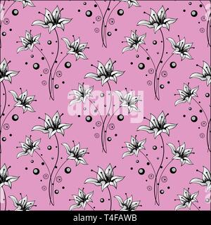 Bellissima seamless con sfondo nero monocromatico e fiori bianchi. Disegnate a mano le linee di contorno e ictus. Illustrazione Vettoriale