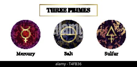 Sale, mercurio e zolfo. Set di simboli alchemici. Illustrazione Vettoriale