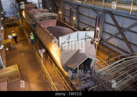 Rail & Port per le operazioni di gestione e il trasporto di minerale di ferro. Tramonto all'interno del treno dumper minerale di 2 carri carichi di minerale scarico in corrispondenza di una volta prima di spedire il caricamento Foto Stock