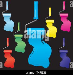 Set di vernice colorata spazzole a rullo, parte 3, illustrazione vettoriale. Include i colori:blu, azzurro, blu, giallo, rosso, rosa, verde. Illustrazione Vettoriale