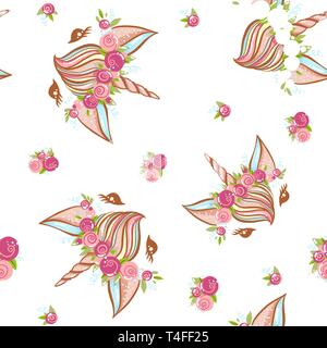 Carino disegnato a mano modello unicorn con ghirlande di fiori. Doodle unicorn. Essere come Unicorn. Illustrazione Vettoriale