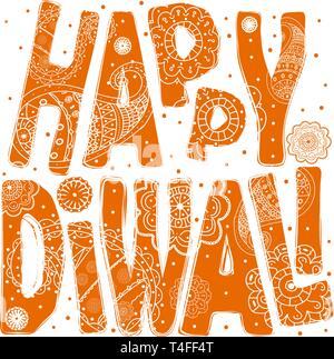 Felice Diwali - una vacanza in India. Congratulazioni e un telaio con modelli di indiani. Lettering, elaborazione di testo. Illustrazione Vettoriale