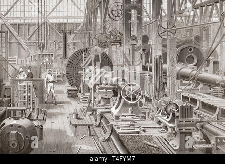 Penn motore marino fabbrica, Greenwich, Londra, Inghilterra del XIX secolo. Girare una manovella assale. Dal Illustrated London News, pubblicato 1865. Foto Stock