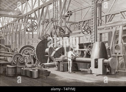 Penn motore marino fabbrica, Greenwich, Londra, Inghilterra del XIX secolo. La rotazione di un albero a pale per una nave a vapore. Dal Illustrated London News, pubblicato 1865. Foto Stock