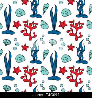 Carino estate vettore seamless pattern illustrazione dello sfondo con conchiglie, coralli e starfishes Illustrazione Vettoriale