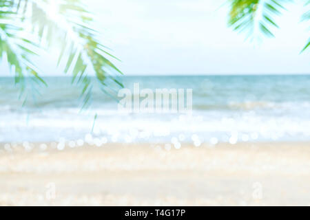 Abstract di sfocatura morbida natura spiaggia tropicale con noce di cocco verde di foglie di palma e di onde di luce sullo sfondo bokeh concetto per sfocata cielo estate acqua paesaggio un Foto Stock