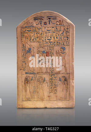 Antica egiziana di calcare stele funeraria di Ipepi con sua moglie, madre e sorella nella parte anteriore di Osiride. Medio Regno, XI dinastia, 2120-1980 A.C. Foto Stock