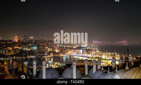 Vista panoramica su Istanbul di Notte, Moschea di cupole e minareti Bosforo Foto Stock