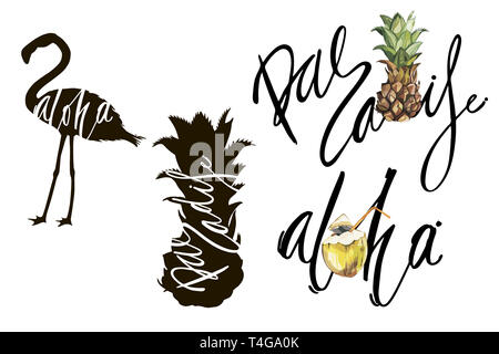 Lettering frase - Aloha e il paradiso. Composizione con acquarello disegnati a mano di noce di cocco. Sfondo per il confezionamento di alimenti, schede poster. isolato su bianco Foto Stock