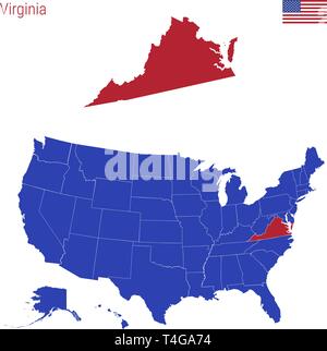 Lo Stato della Virginia è evidenziata in rosso. Mappa vettoriale degli Stati Uniti diviso in stati separati Illustrazione Vettoriale