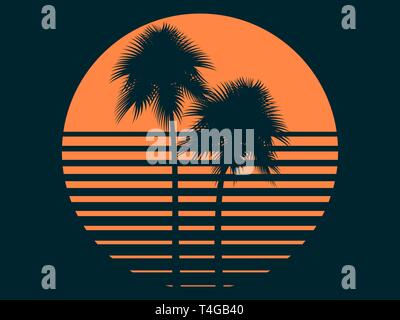 Alberi di palma tropicali in sun. Tramonto d'estate. Print design per t-shirt. Illustrazione Vettoriale Illustrazione Vettoriale