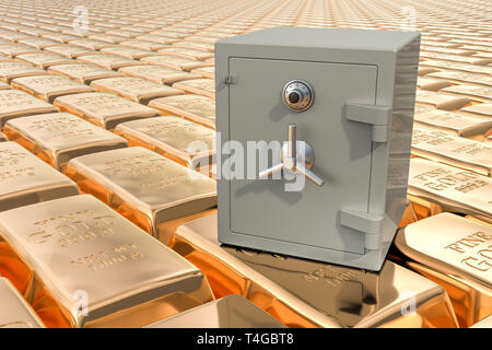 Combinazione Cassetta di sicurezza sui lingotti d'oro sullo sfondo, rendering 3D Foto Stock
