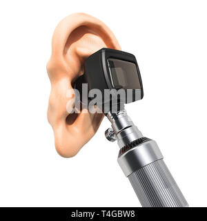 Otoscopio con un orecchio umano, rendering 3D isolati su sfondo bianco Foto Stock