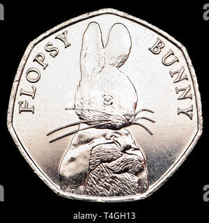 British commemorative 50p moneta. Beatrix Potter - Flopsy Bunny (2017) Foto Stock