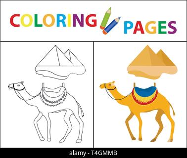 Libro da colorare pagina. Cammello e piramide. Schizzo outline e versione a colori. Colorazione per i bambini. Educazione dei bambini. Illustrazione Vettoriale. Illustrazione Vettoriale