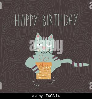 Cute cat con dono e iscrizione Buon compleanno illustrazione vettoriale compleanno biglietto di auguri Illustrazione Vettoriale