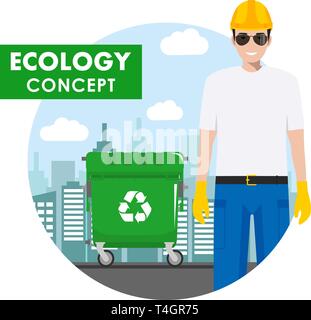 Concetto di ecologia. Illustrazione dettagliata di garbage uomo in uniforme e cassonetti sul paesaggio urbano moderno sfondo in stile appartamento. Illustrazione Vettoriale. Illustrazione Vettoriale