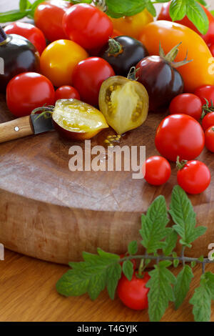 Una variopinta selezione di antiche cultivar di pomodoro, alimentare il concetto di diversità Foto Stock