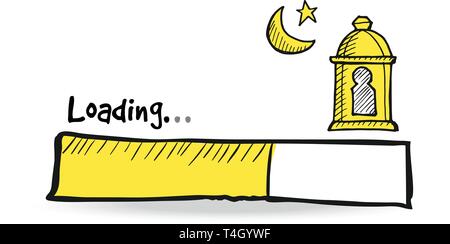 Il caricamento della barra di stato arabo con lanterna, la luna e le stelle. Illustrazione Vettoriale doodle disegno per il mese sacro del Ramadan Kareem. Illustrazione Vettoriale