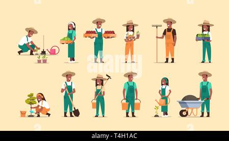 Impostare americano africano degli agricoltori di diverse attrezzature agricole la raccolta di semina di verdure maschio femmina i lavoratori agricoli eco di raccolta Illustrazione Vettoriale