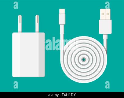 Adattatore per il caricabatterie e cavo. Il dispositivo per la ricarica di apparecchiature elettroniche. Illustrazione Vettoriale in stile piatto Illustrazione Vettoriale