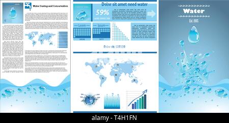 Infographics d'acqua. Le informazioni grafiche. I grafici e gli elementi dell'interfaccia utente. Illustrazione Vettoriale