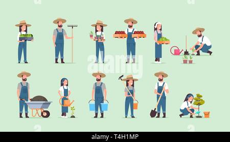 Impostare maschio femmina agricoltori azienda diverso per le attrezzature agricole la raccolta di semina di verdure i lavoratori agricoli raccolta agricoltura ecologica concetto flat Illustrazione Vettoriale