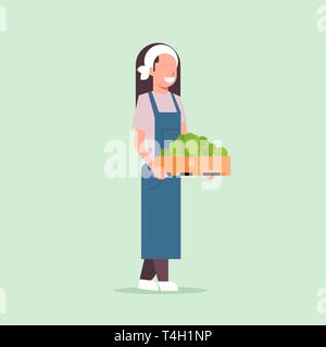 L'agricoltore femmina Holding la scatola verde con mele mature donna raccolta di frutti lavoratore agricolo eco concetto di agricoltura piana di lunghezza completa Illustrazione Vettoriale