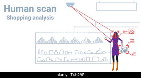 Negozio di alimentari donna di identificazione cliente riconoscimento facciale concetto ragazza scegliendo frutti supermercato interno di telecamere di sicurezza CCTV di sorveglianza Illustrazione Vettoriale