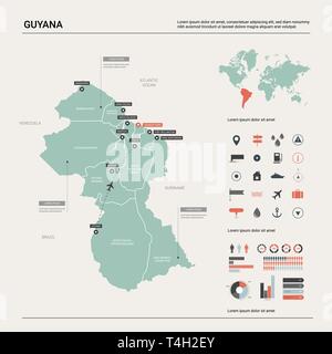 Mappa vettoriale della Guyana. Alta dettagliata mappa del paese con la divisione, città e capitale di Georgetown. Mappa politico, mappa del mondo, elementi infografico. Illustrazione Vettoriale