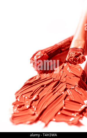 Olio arancione vernice e pennello su sfondo bianco. Color corallo Foto Stock