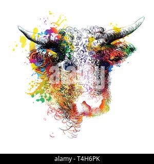 Disegnata a mano colorato testa di toro Illustrazione Vettoriale