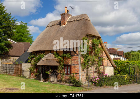 Splendido cottage con il tetto di paglia a Lyndhurst, New Forest, Hampshire, Regno Unito. Foto Stock